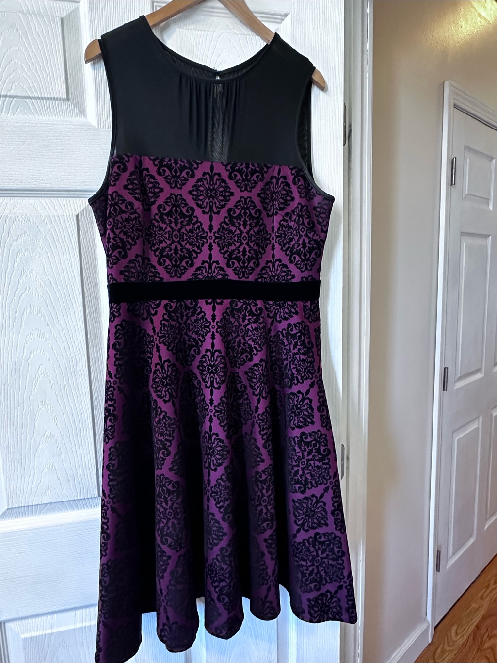 Gabby Skye Purple And Black Damask Fit & Flare Midi Dress